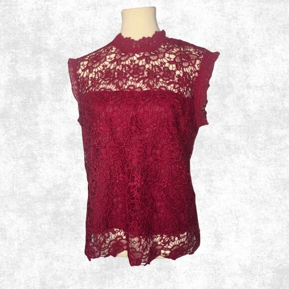 Nanette Lepore Burgundy Lace Blouse Women’s Size L – Sheer High Neck Goth Glam T - Picture 1 of 8